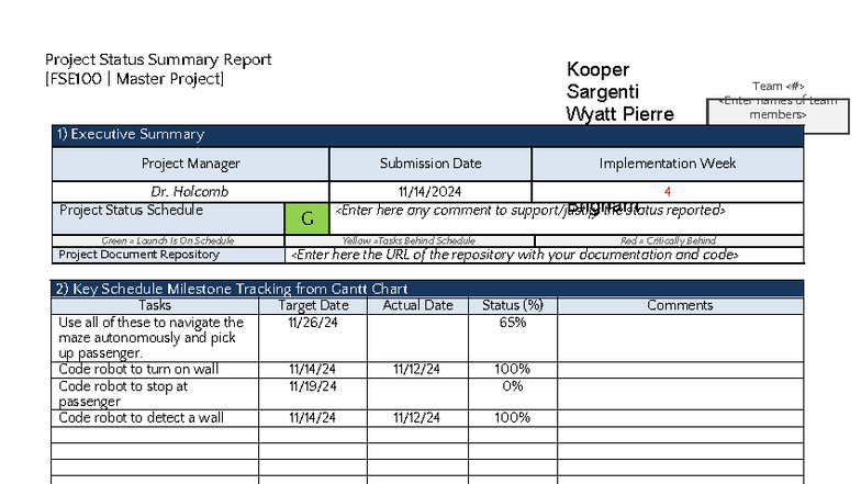 Master Project Status Summary Report - Implementation Week 4 - Studocu