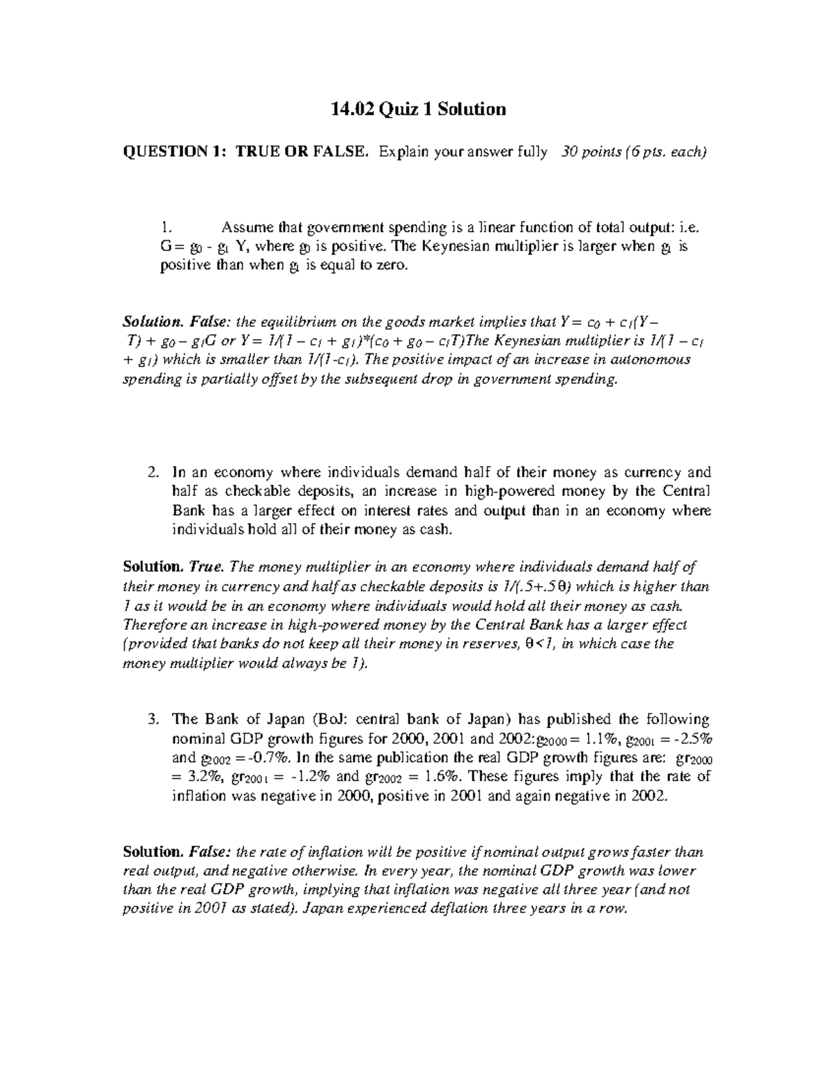 Q1SOL-1 - Reread - 14 Quiz 1 Solution QUESTION 1: TRUE OR FALSE ...