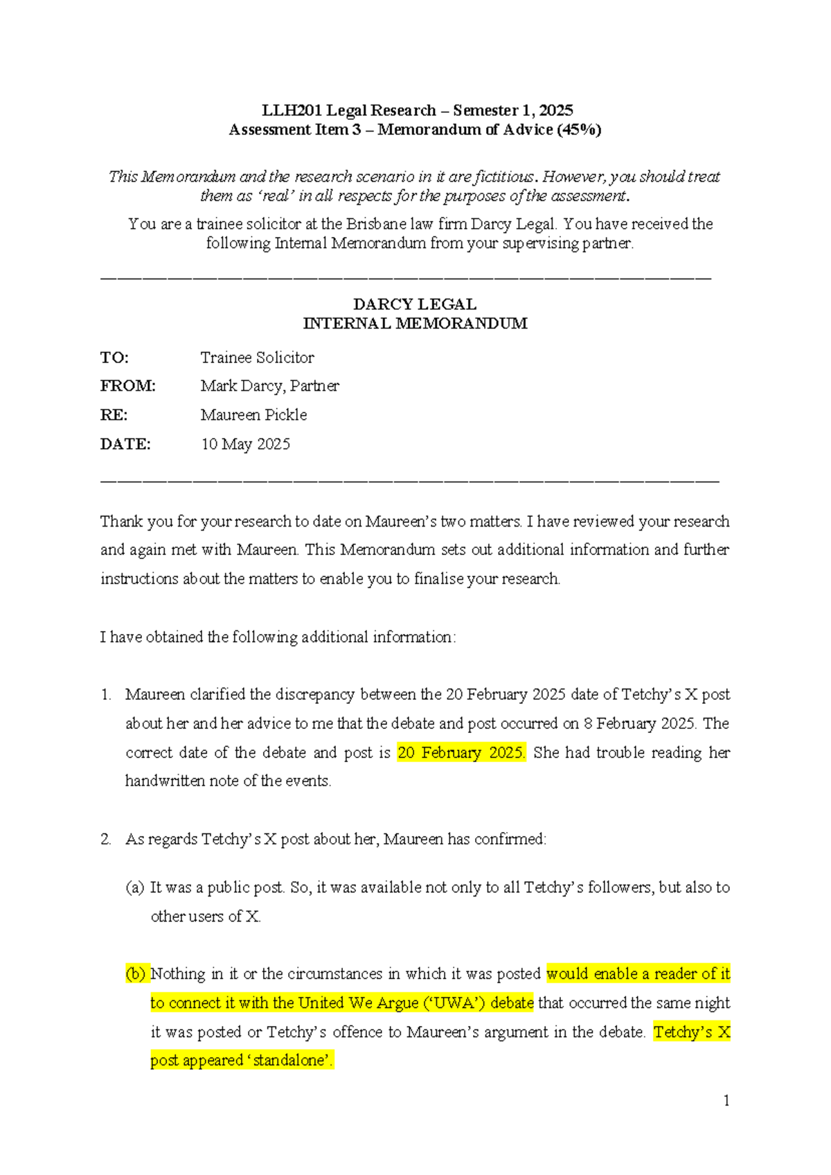 LLH201 Sem 1, 2025 - Assessment Item 3: Memorandum of Advice - Studocu