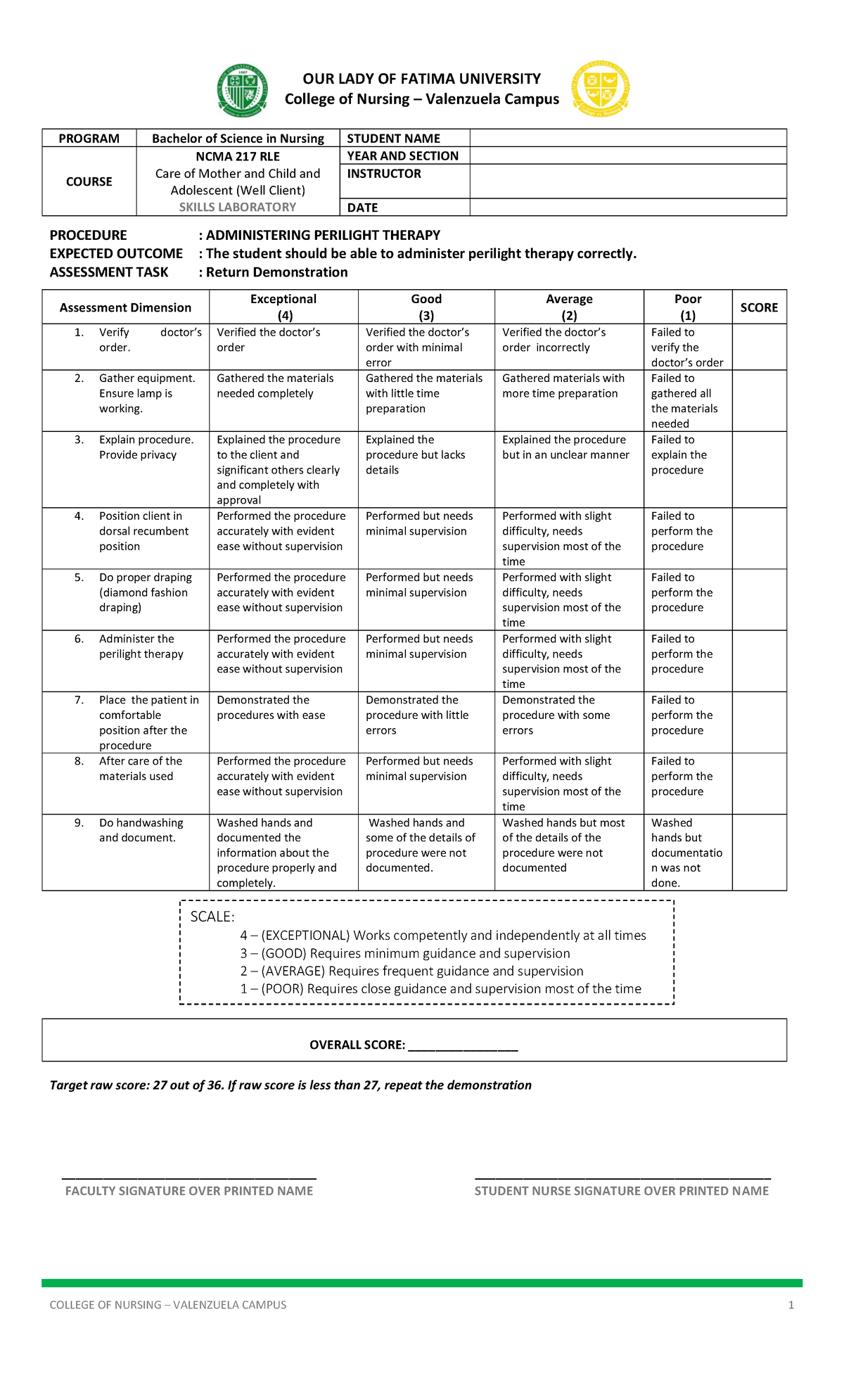 NCMA 217 RLE Skills Lab: Administering Perilight Therapy Guide - Studocu