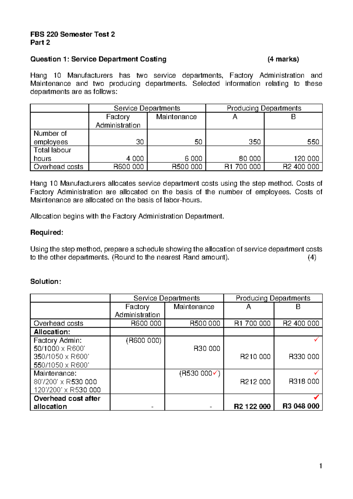 FBS220 Semester Test 2 - Service Costing & CVP Analysis Solutions - Studocu