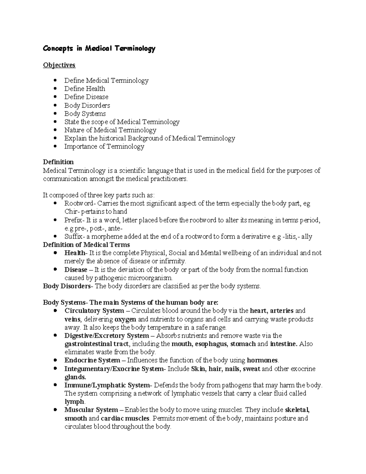 Medical Terminology Concepts: Definitions & Body Systems Overview - Studocu
