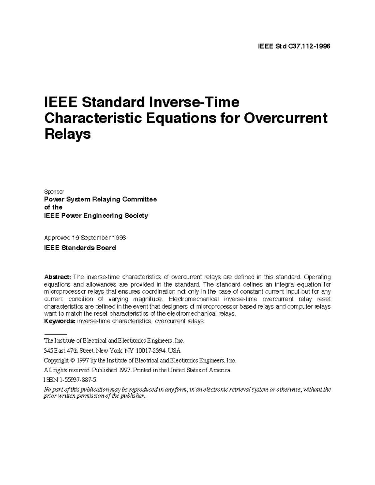 IEEE Std C37.112-1996 Inverse-Time Characteristic Equations for Relays ...