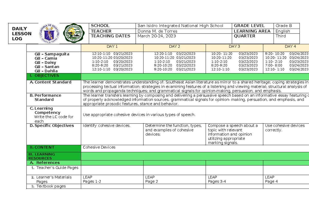 DLL-English Grade 8 Lesson Plan for March 20-24, 2023 - Studocu