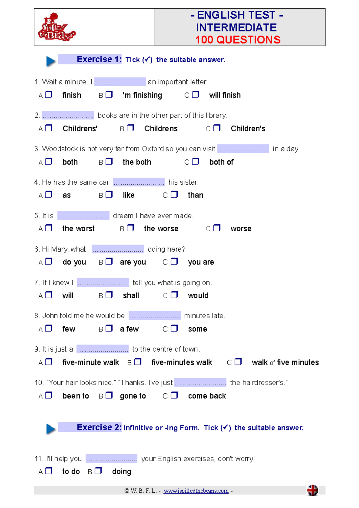 ENGLISH TEST INTERMEDIATE: 100 QUESTIONS EXERCISES - Studocu