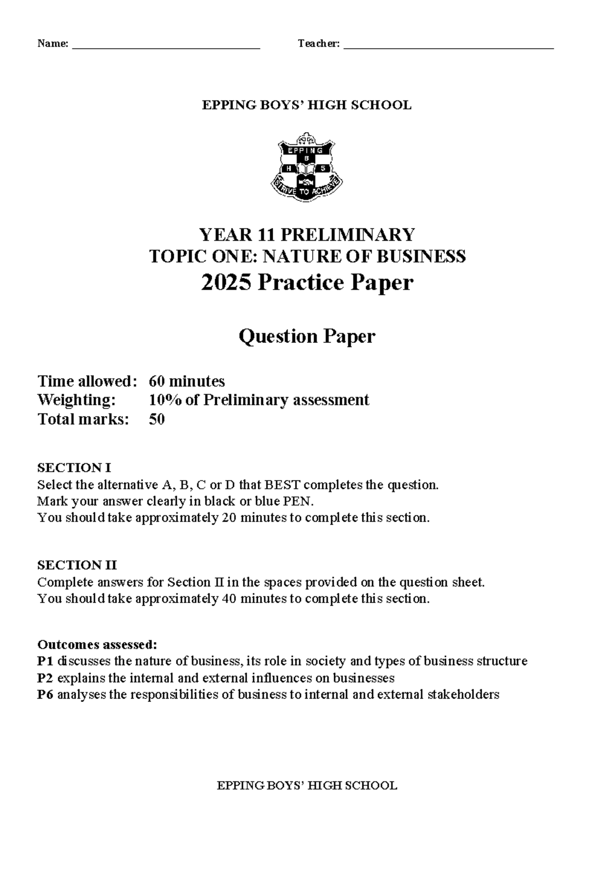 EPPING HIGH SCHOOL YEAR 11 PRELIMINARY BUSINESS STUDIES 2025 Practice ...