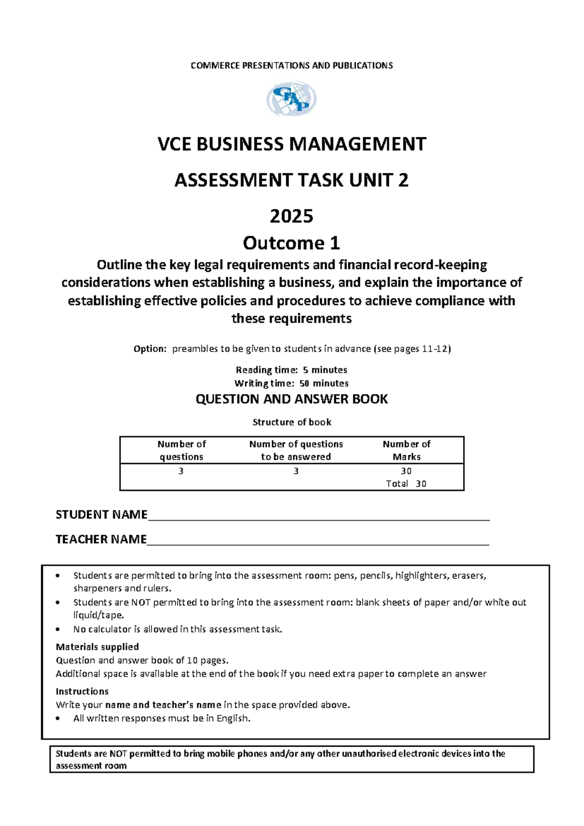 CPAP 2025 Business Management Assessment Task: Unit 2 Outcome 1 - Studocu