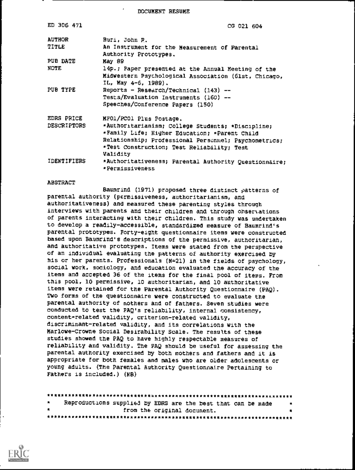 Parental Authority Questionnaire (PAQ) for Fathers: Measurement of ...