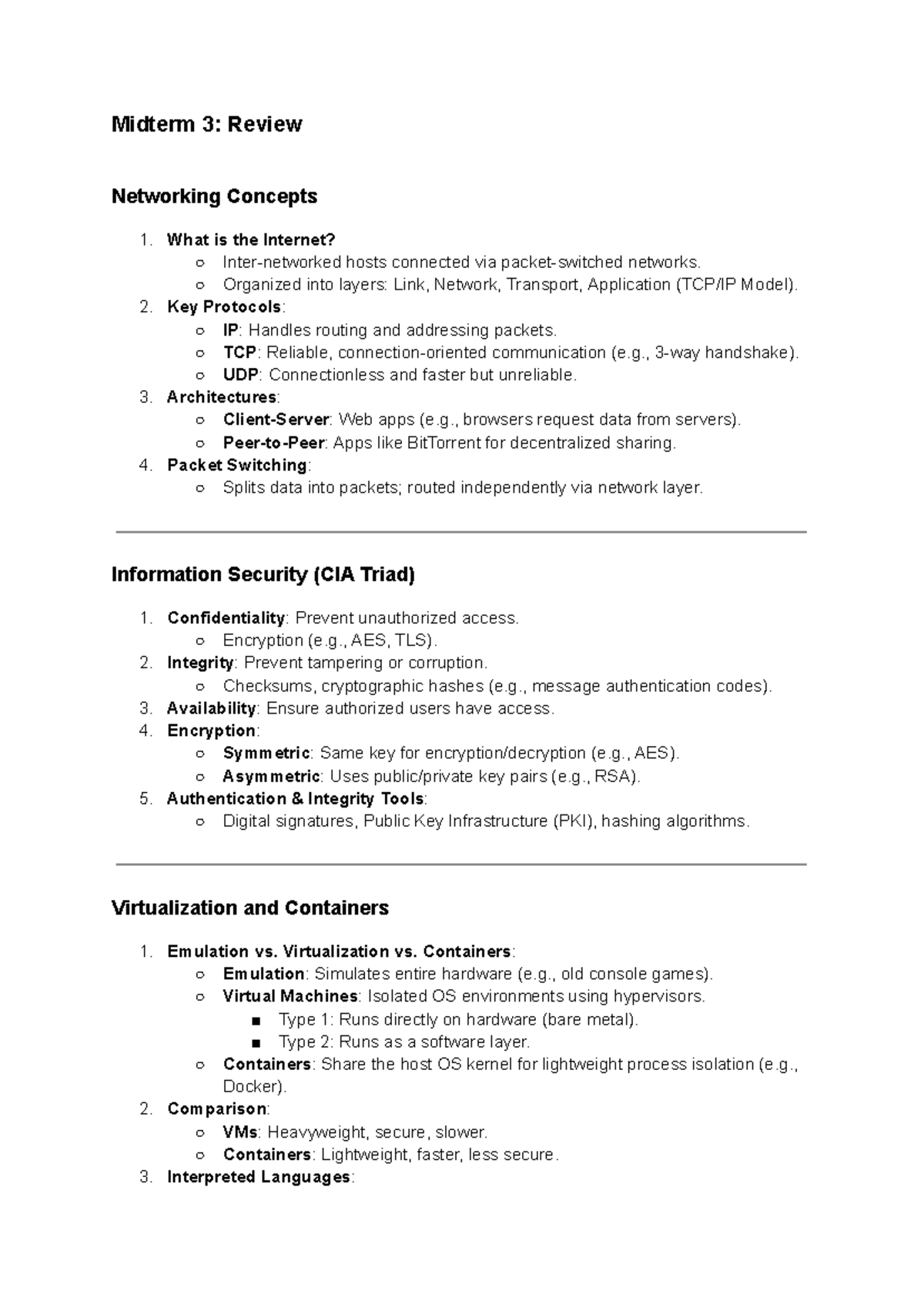 Midterm 3 Review: Networking, Security & Virtualization Concepts - Document Preview
