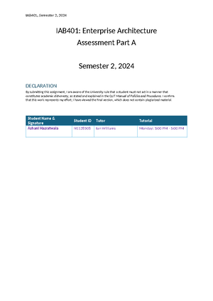 IAB401-Assignment part B - QUEENSLAND UNIVERSITY OF TECHNOLOGY Science ...