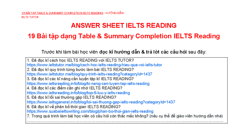 19 BÀI TẬP TABLE SUMMARY COMPLETION IELTS READING - ANSWER SHEET - Studocu