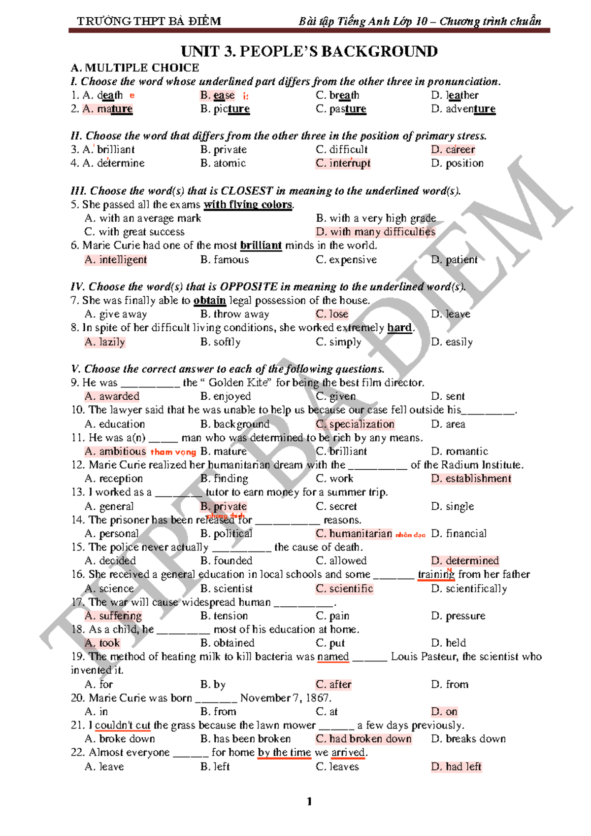 Bài Tập Tiếng Anh Lớp 10 - UNIT 3: Ôn Tập Kiến Thức - Studocu