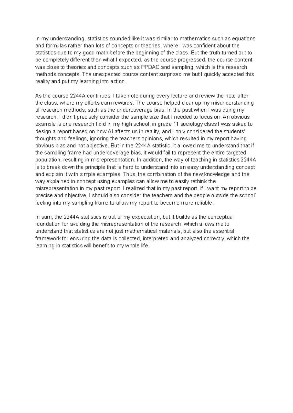 Reflection on Statistics 2244A: From Math to Research Concepts - Studocu