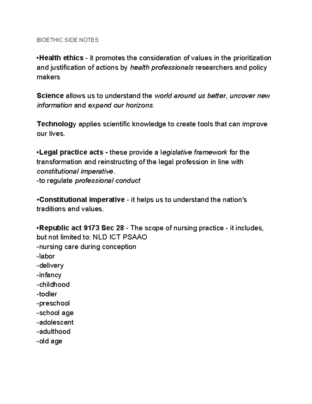 Bioethic SIDE Notes - BIOETHIC SIDE NOTES •Health ethics - it promotes ...