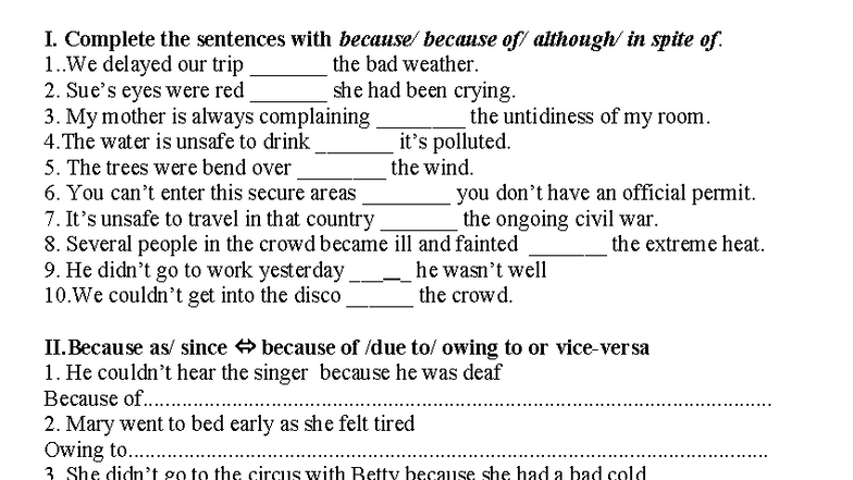 Because-Although: Tài liệu tham khảo for Sentence Completion - Studocu