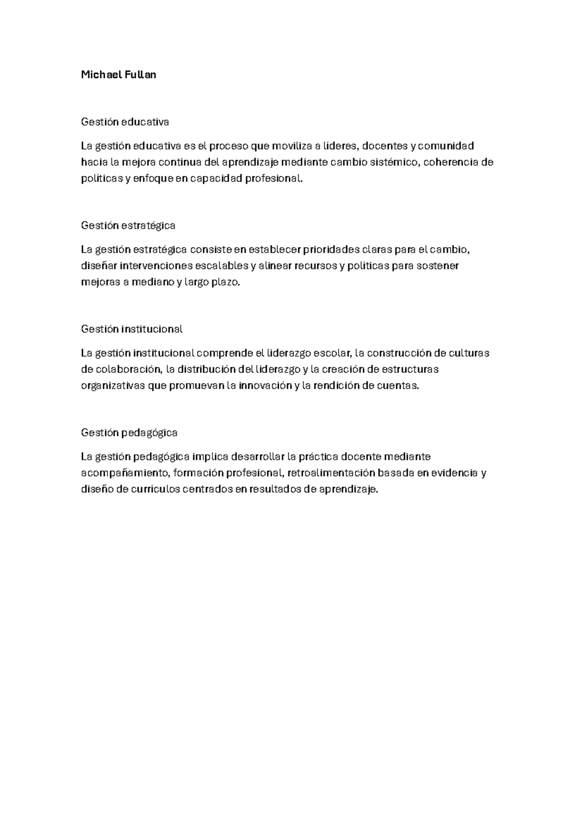 Gestión Educativa y Estratégica: Enfoques de Michael Fullan - Studocu