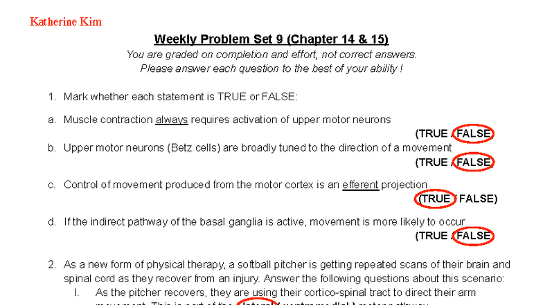 NRSC 1110 Weekly Problem Set 9 (Chapters 14-15) - Completion & Effort ...