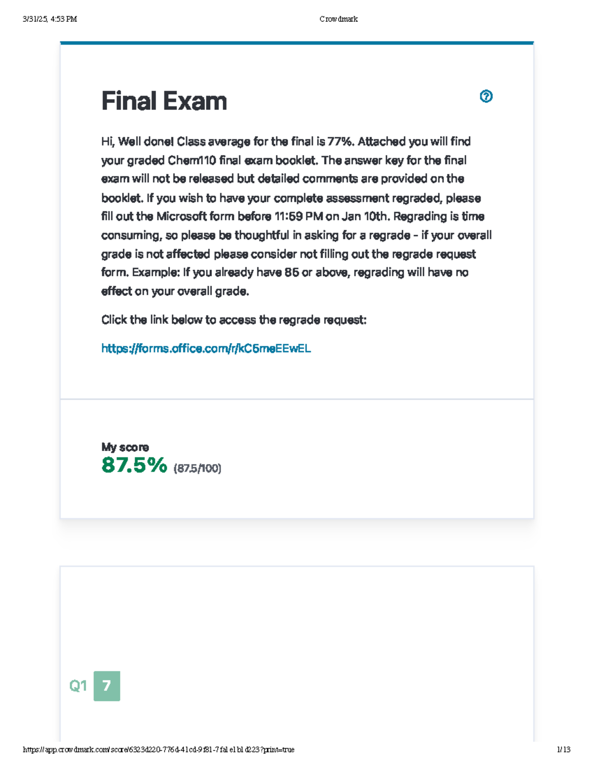 CHEM 110 Final Exam Review and Grading Details 2024 - Studocu
