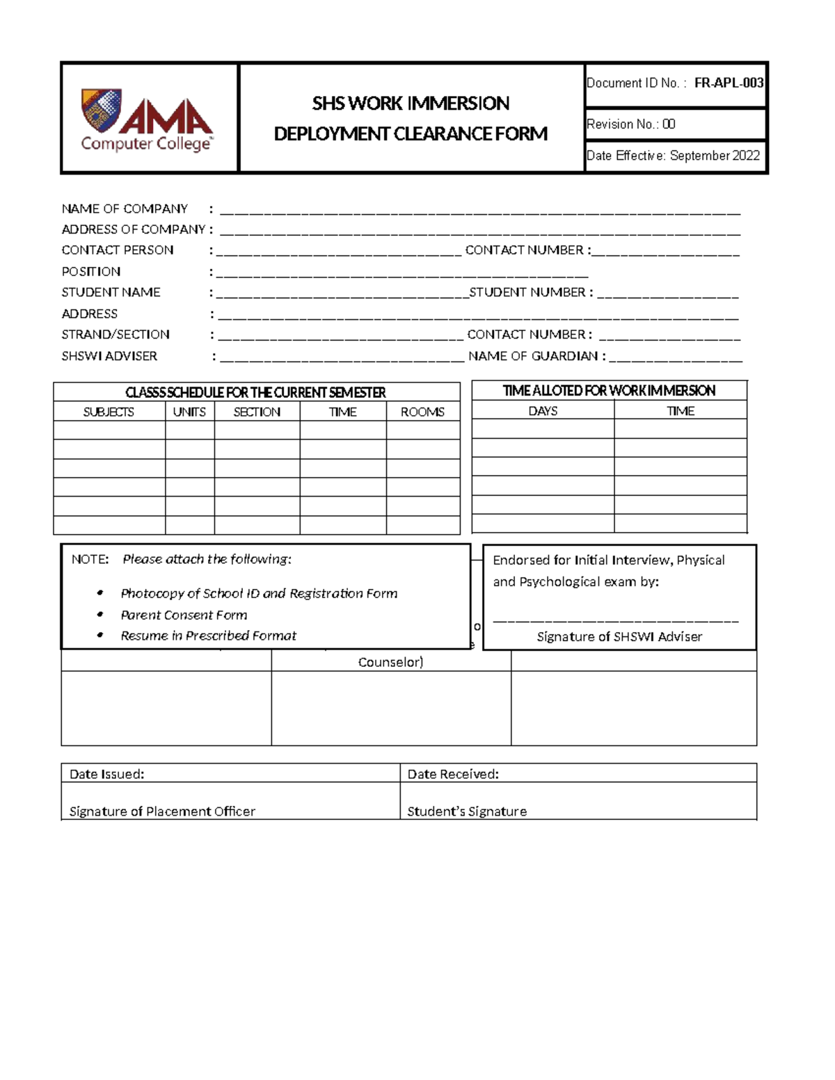 SHS Work Immersion Deployment Clearance Form - Studocu