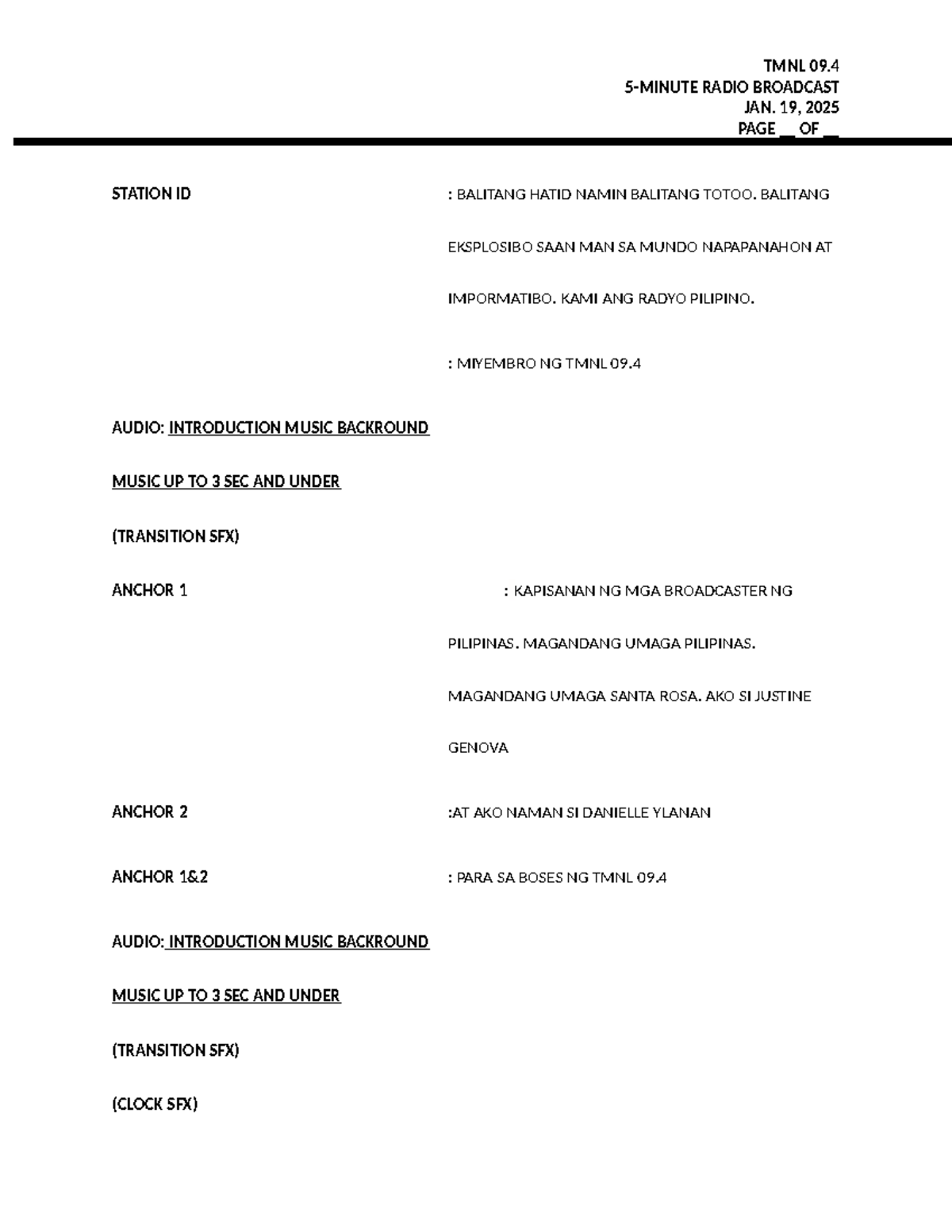 5-Minute Broadcast Script - TMNL 09 - Filipino - Jan 19, 2025 - Studocu
