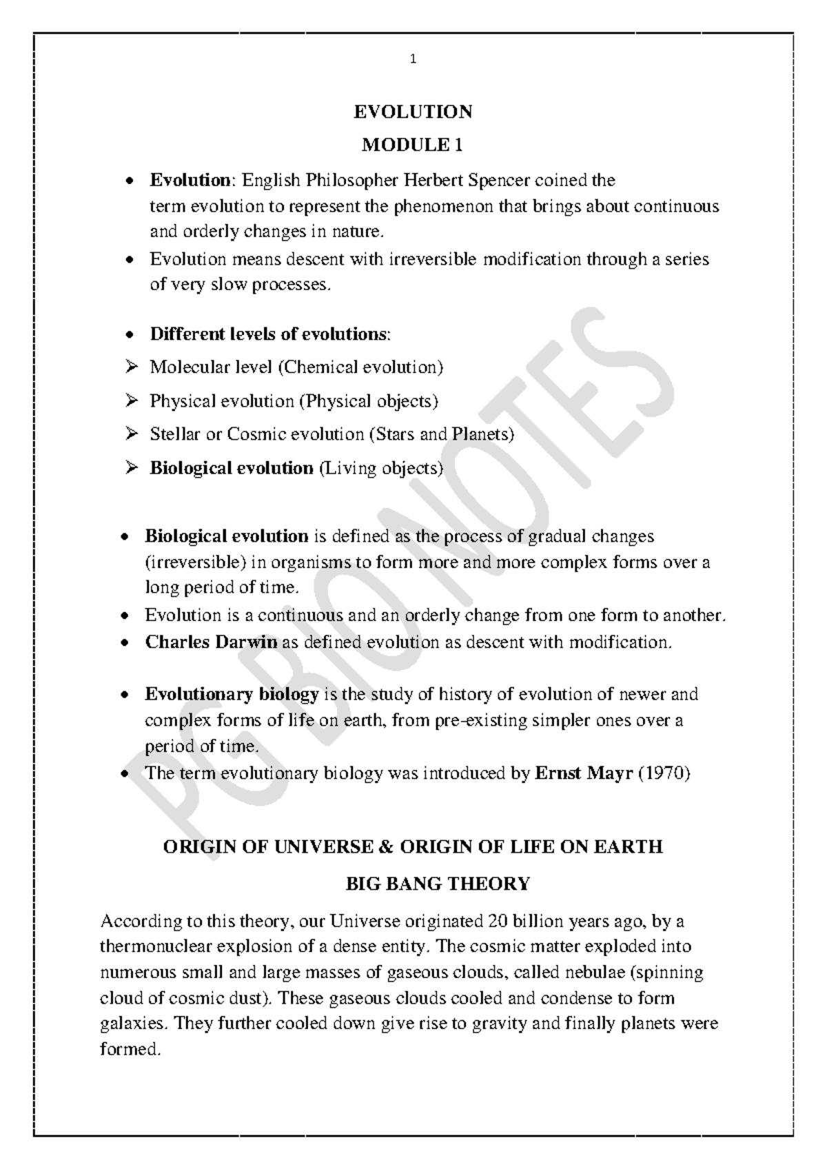 Evolution Module 1: Overview of Theories & Origins of Life - Studocu