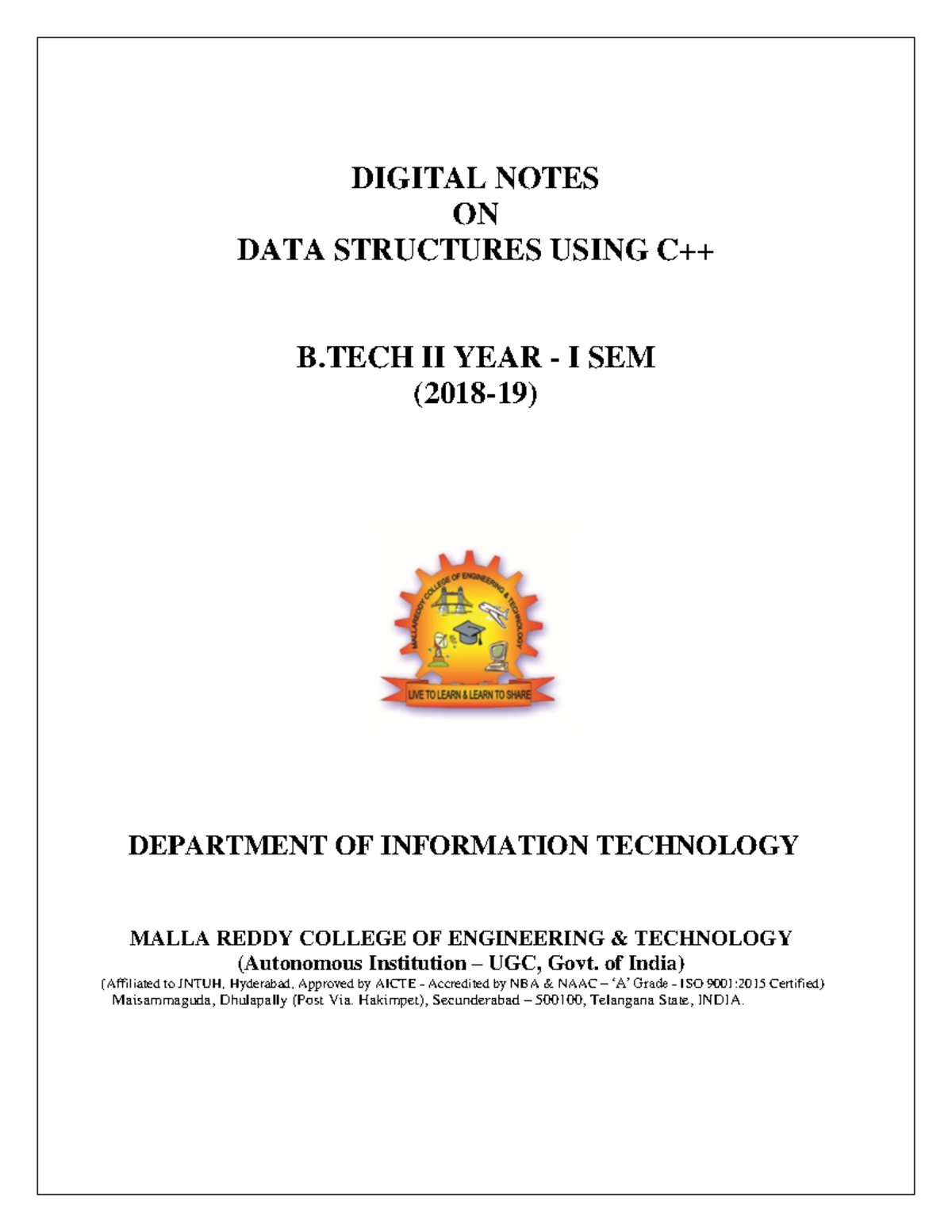 Data Structures Using C++ - B II Year I Sem Notes (2018-19) - Studocu