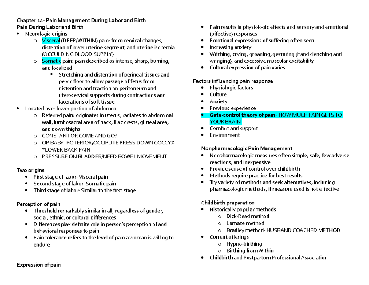 Chapter 14- Pain Management During Labor and Birth notes - Chapter 14 ...