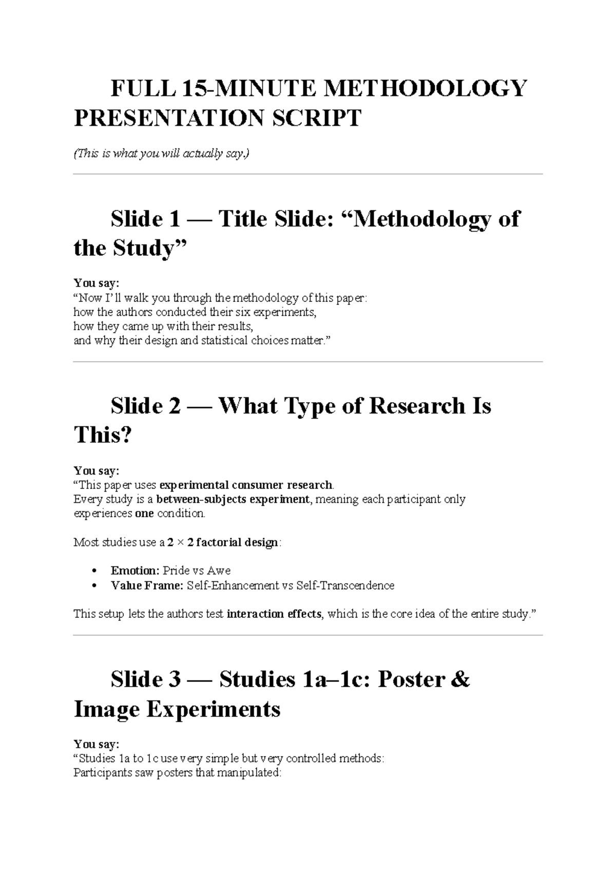 Methodology Presentation Script for Research Experiments - Studeersnel