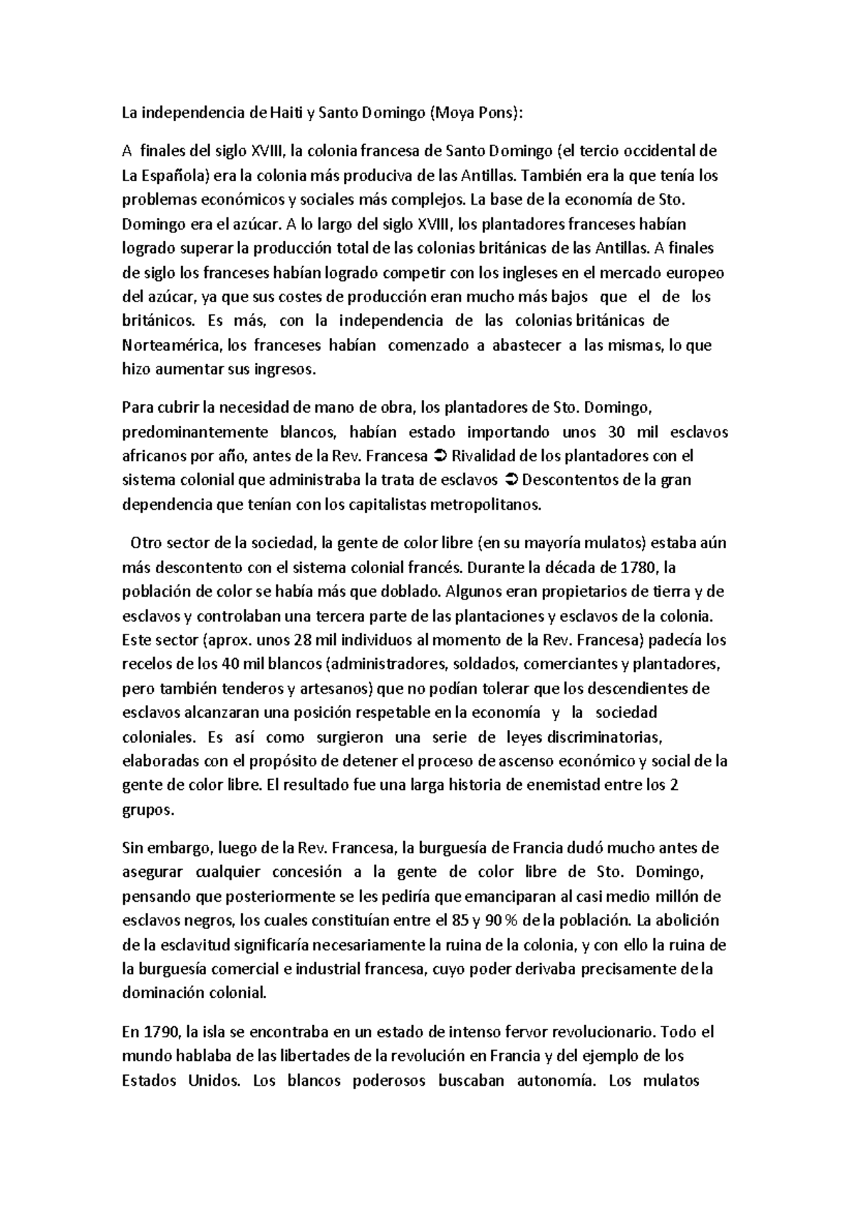 Resumen de "La independencia de Haití y Santo Domingo" - Moya Pons - Document Preview