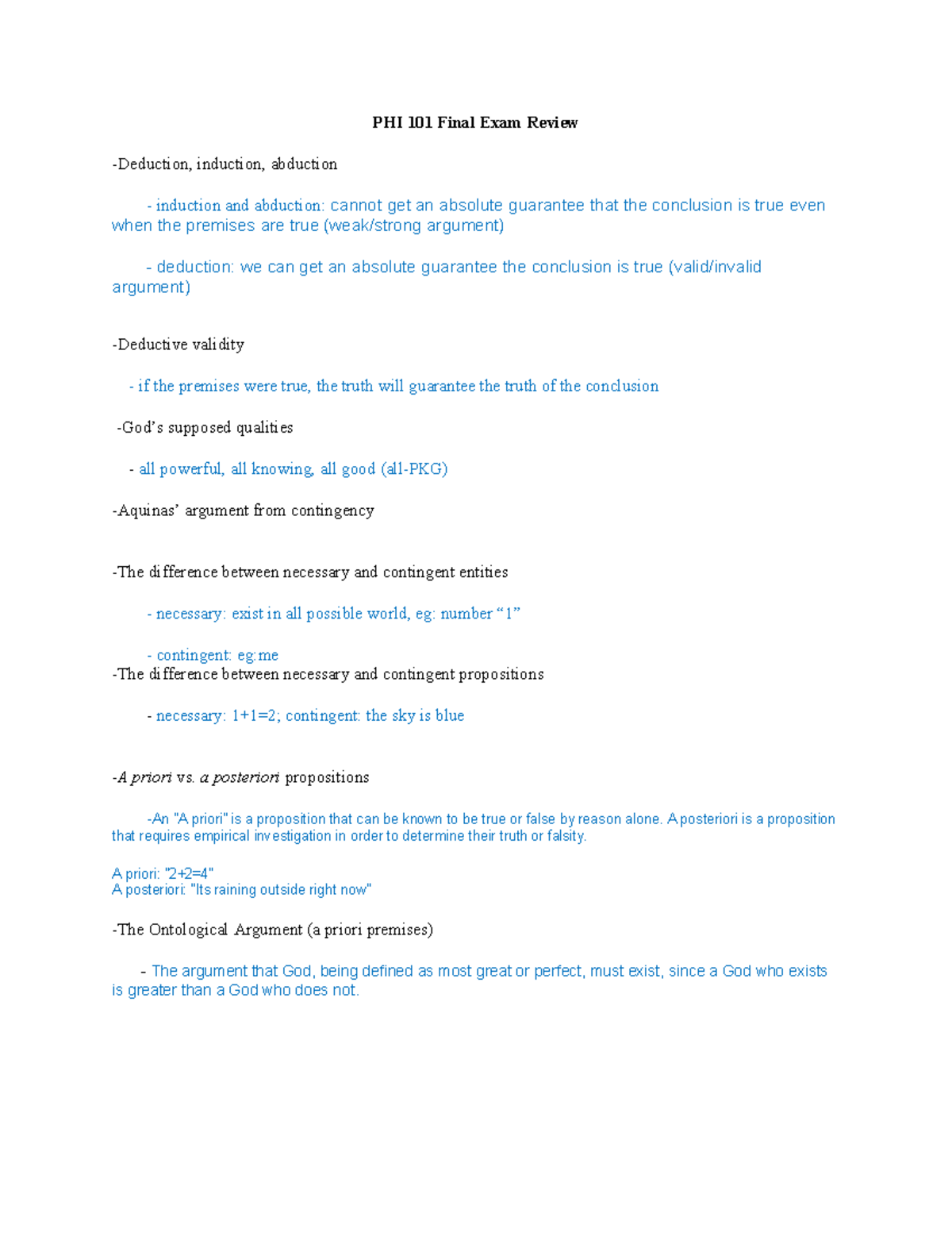 PHI 101 O Final Exam Review: Key Concepts in Philosophy - Studocu