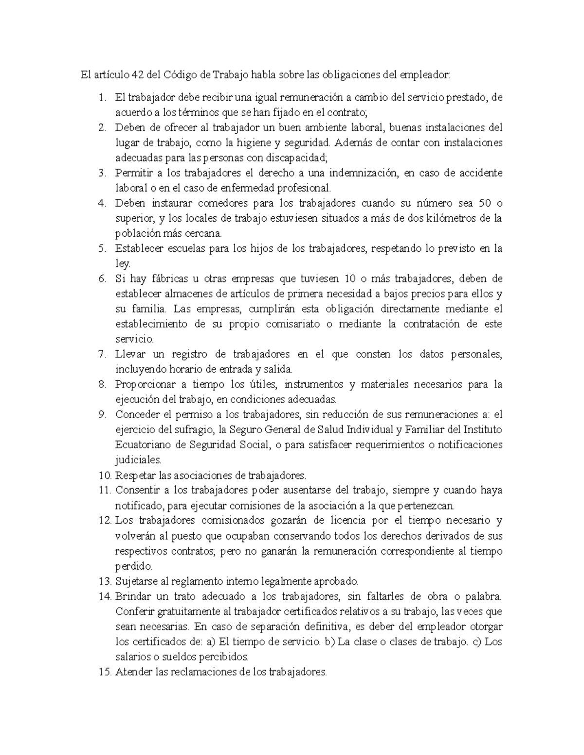 Obligaciones del Empleador según el Artículo 42 del Código de Trabajo ...