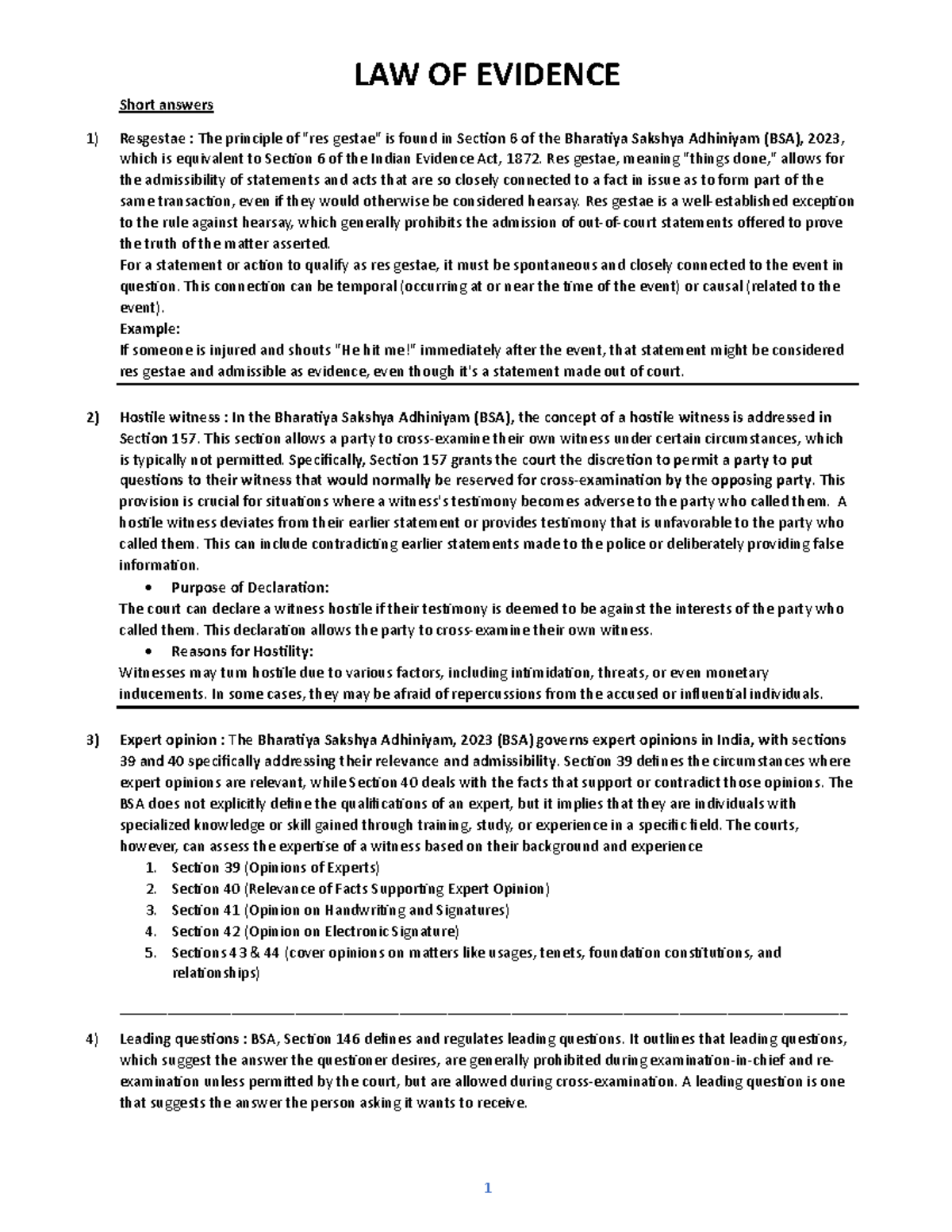 LAW OF EVIDENCE: Key Concepts and Provisions under BSA 2023 - Studocu