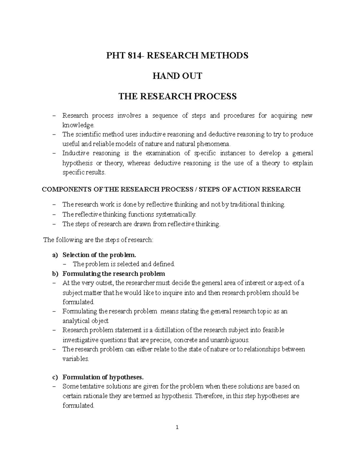 PHT 814 - Lecture Notes on The Research Process (Lectures 1-3) - Studocu