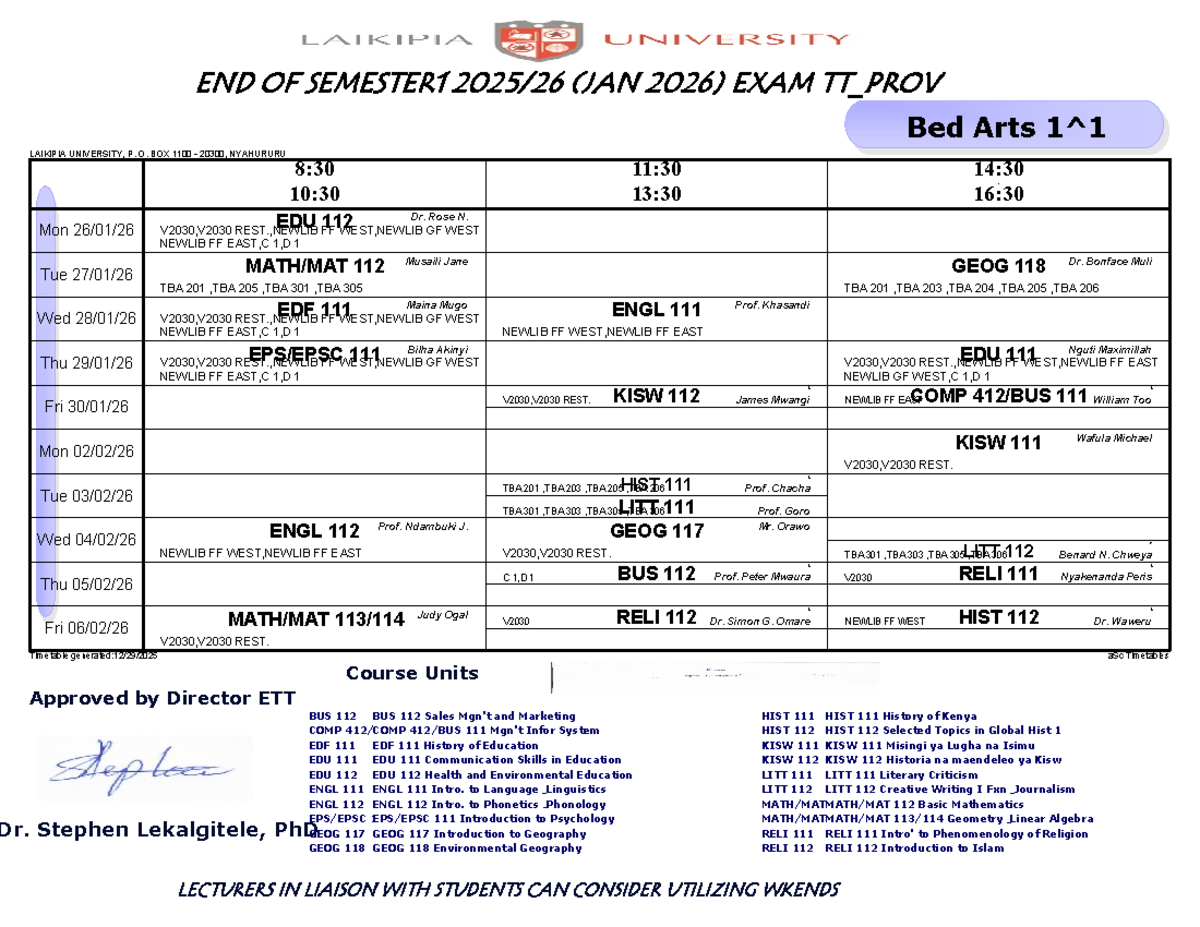 END OF SEMESTER 1 (JAN 2026) EXAM TIMETABLE - LAIKIPIA UNIVERSITY - Studocu