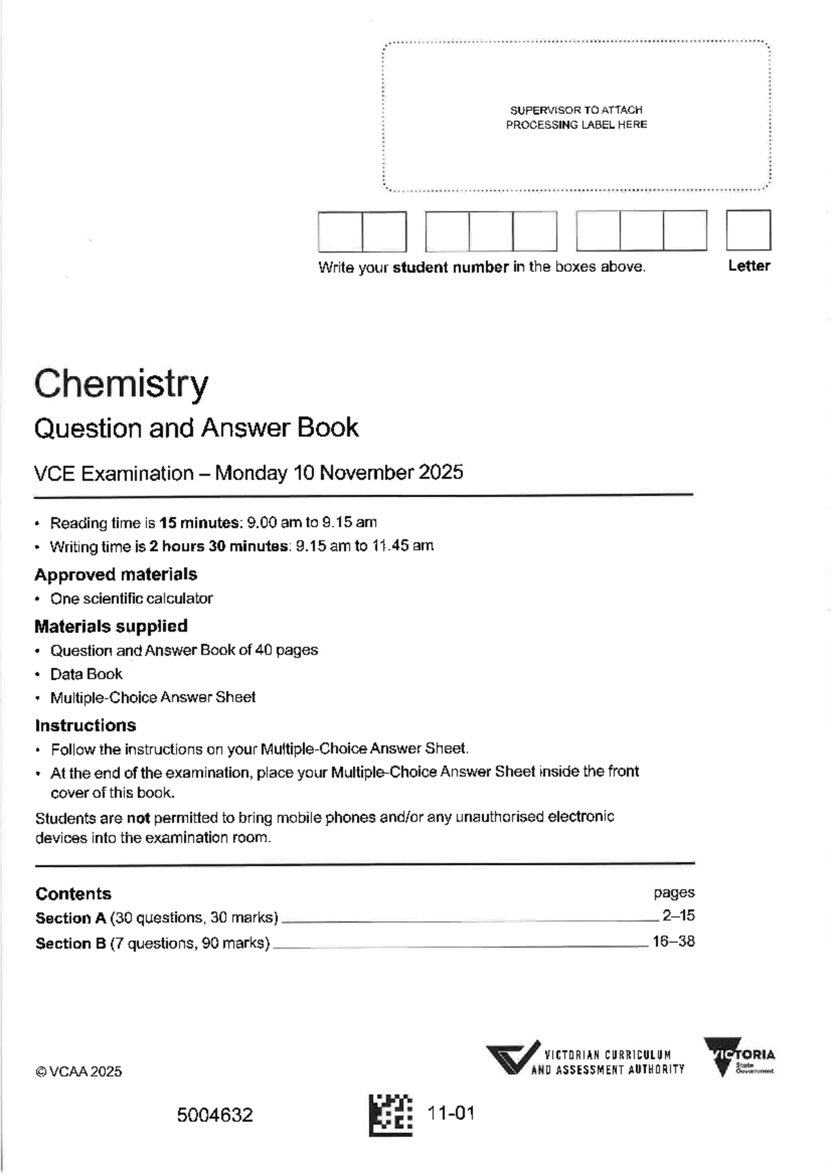 2025 VCE Chemistry Examination: Question and Answer Book - Studocu