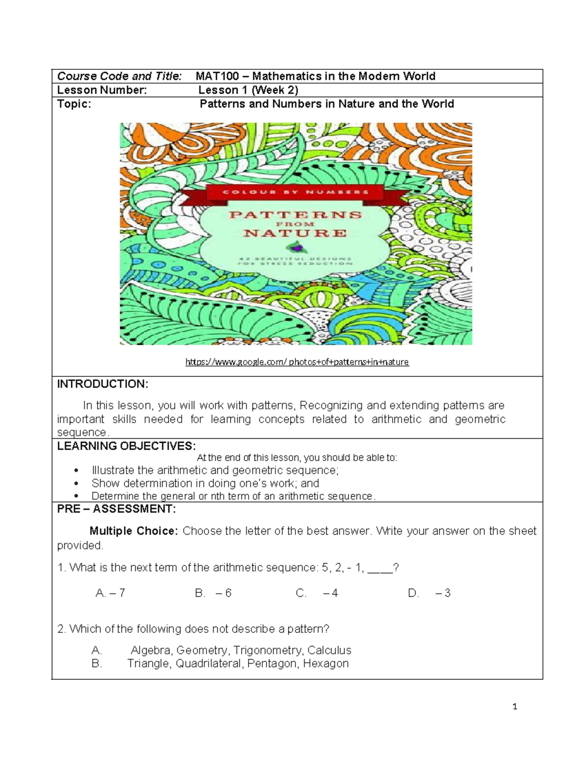 MAT100 - Lesson 1: Patterns in Numbers and Nature - Studocu
