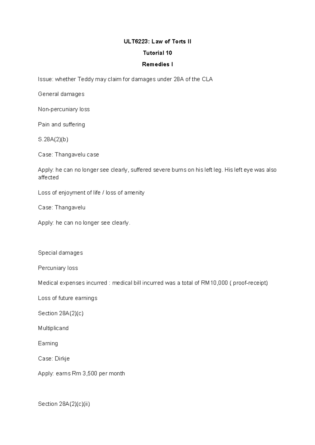 ULT6223: Law of Torts II Tutorial 10 - Remedies and Damages Analysis ...