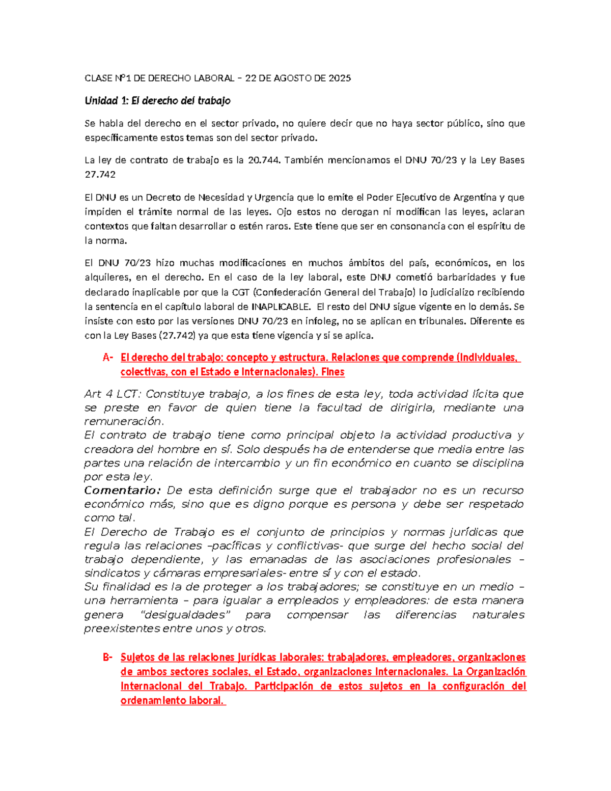 CLASE DE DERECHO LABORAL - 1er PARCIAL 2025: Unidad 1 y 2 - Studocu