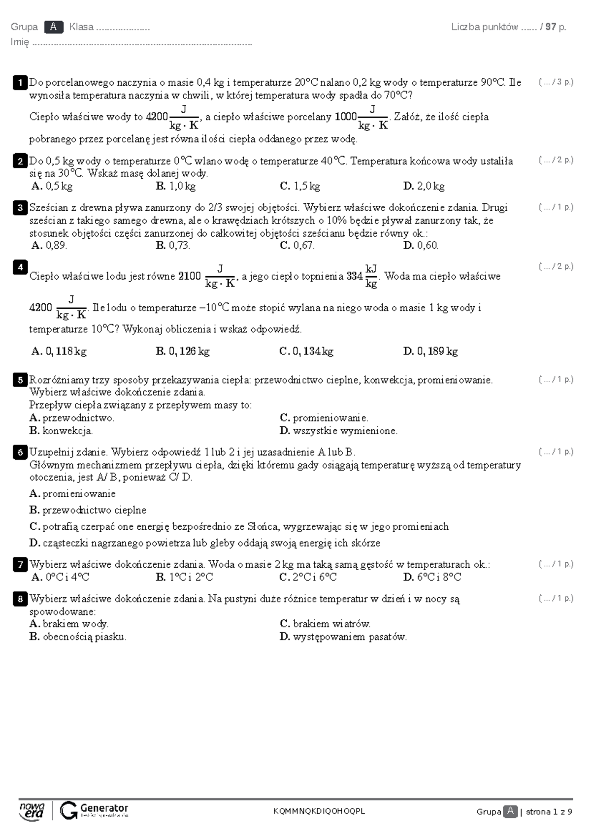 Sprawdzian Z Fizyki Klasa 7 Ciepło www.studocu.com