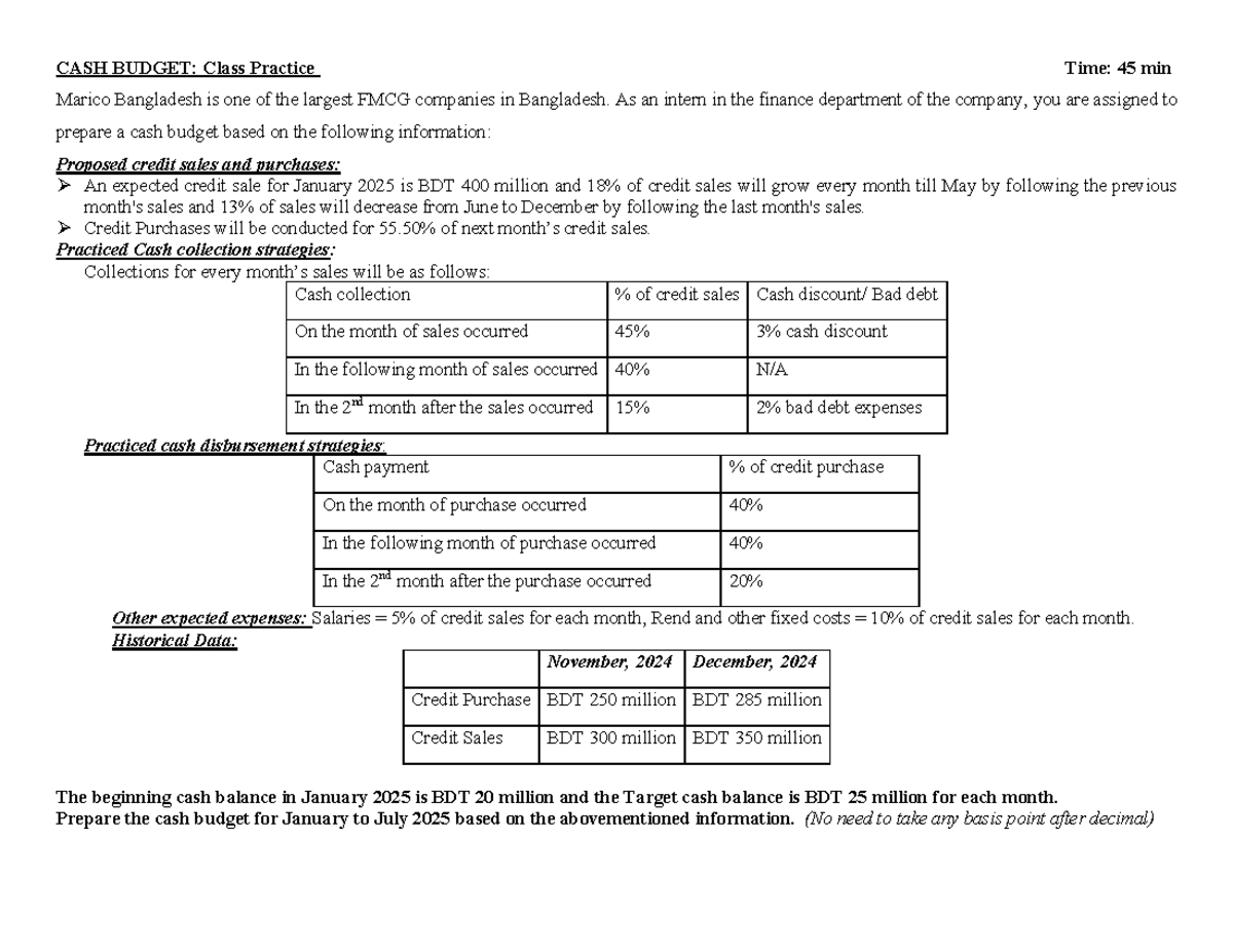 CASH BUDGET: Class Practice for Finance 2025 (45 min) - Studocu