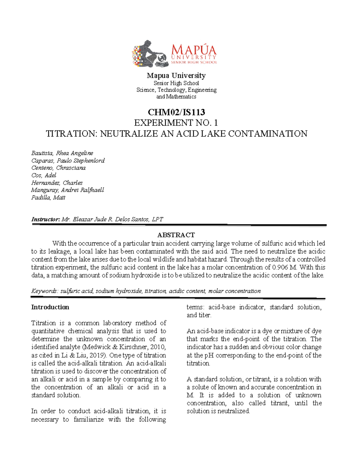 IS113 CHM02 Titration Lab Report: Neutralization of Acid Contamination ...