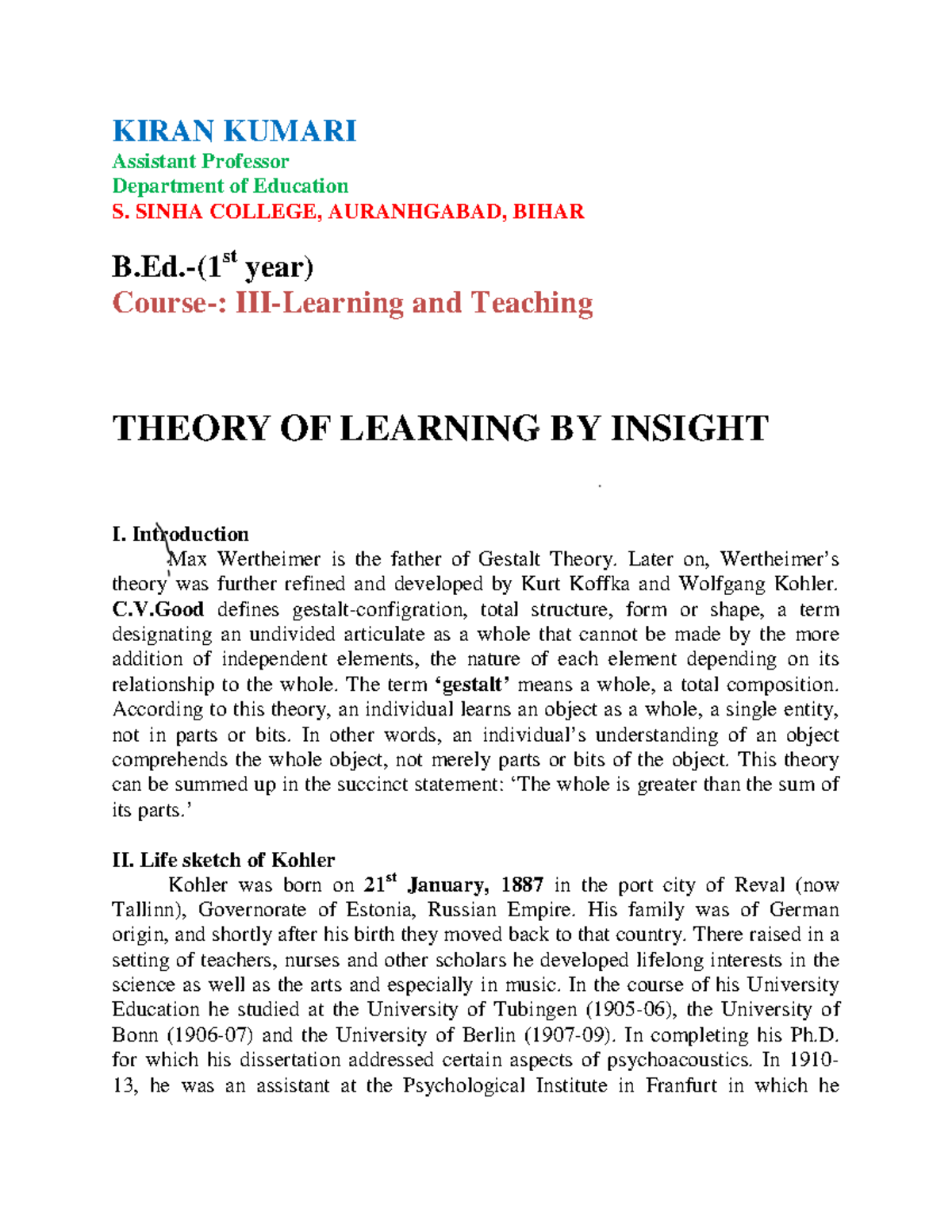 B. Ed. 1st Year Paper-III: Insights on Insight Theory in Learning - Studocu