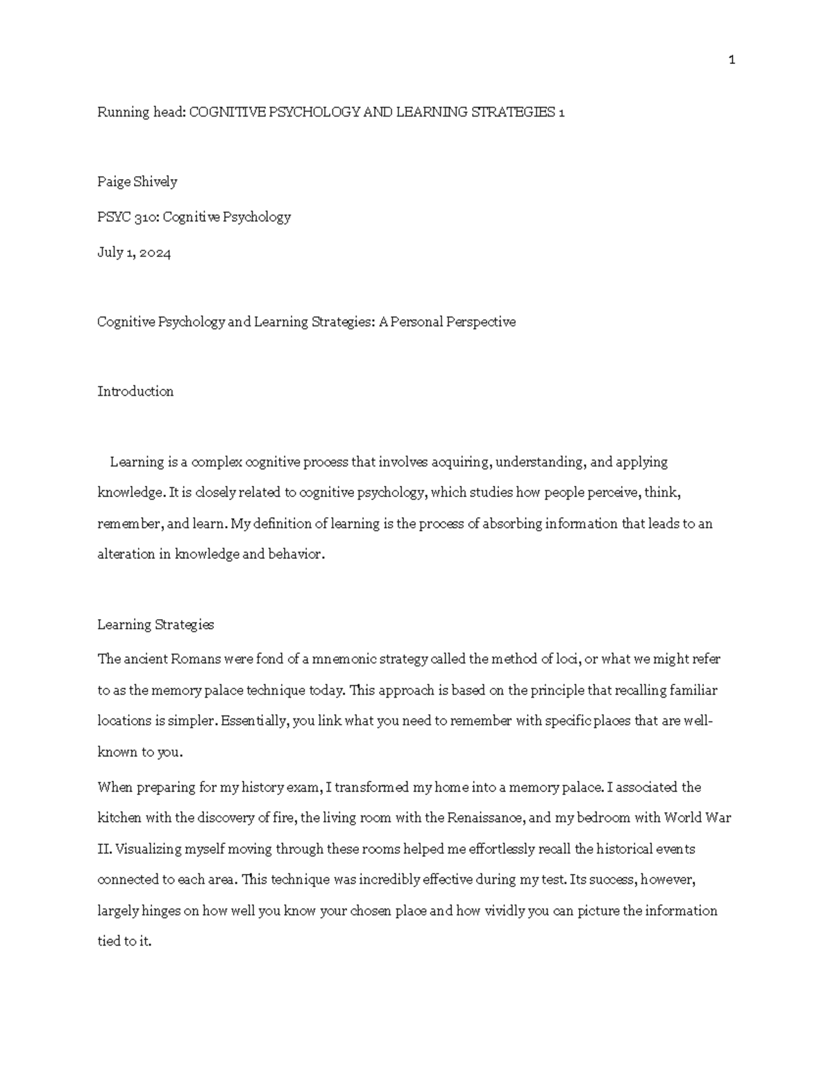 PSYC 310: Essay on Memory and Learning Strategies in Cognitive ...
