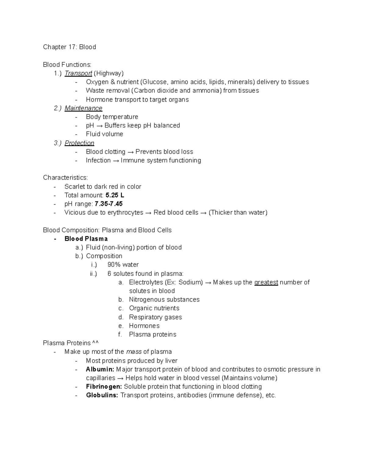 Chapter 17: Blood Functions and Composition Notes - Studocu
