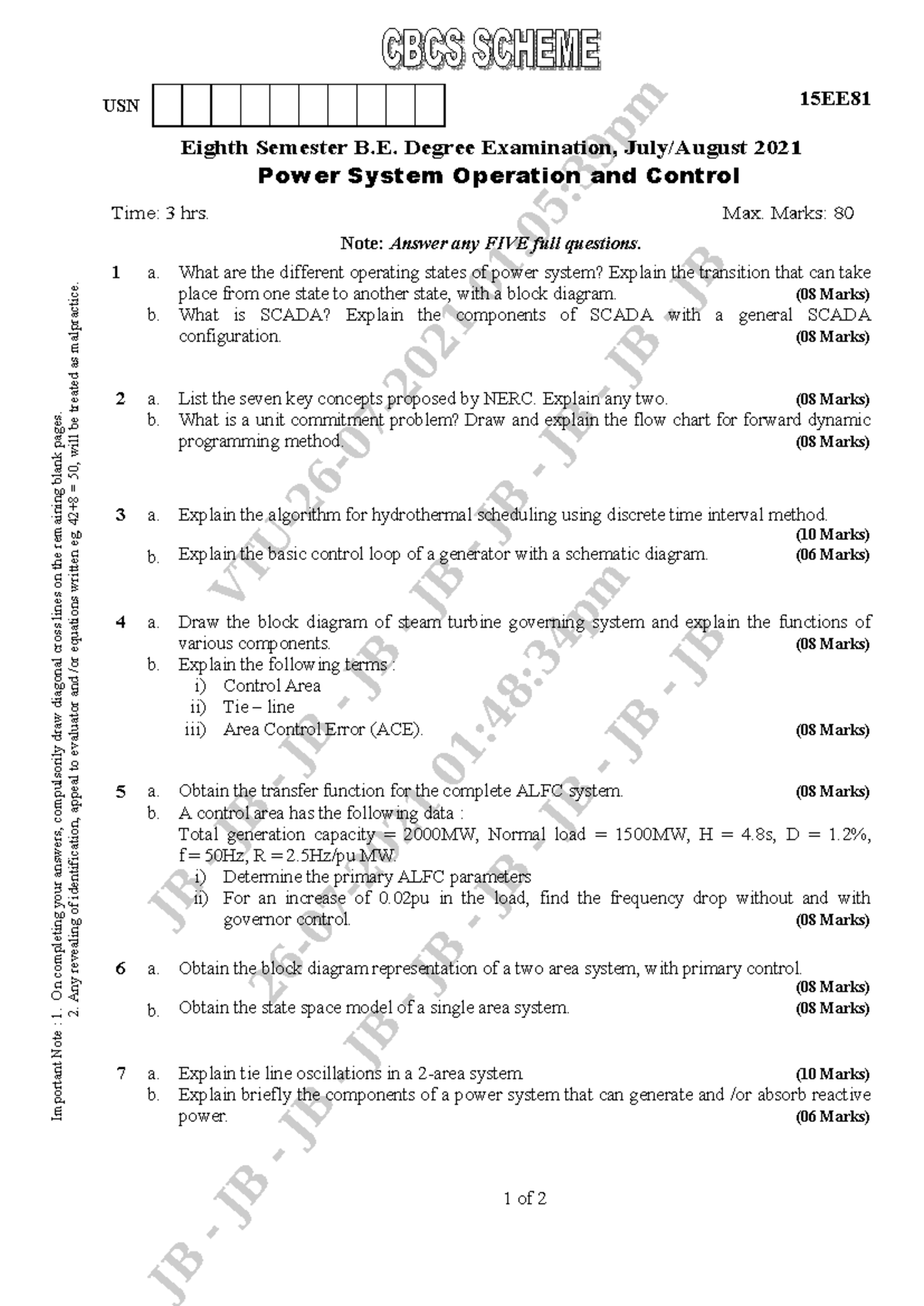 8th Sem B.E. EEE Exam 2021: Power System Operation & Control - Studocu