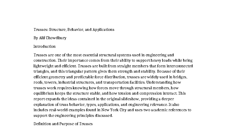 Trusses: Structure, Behavior, and Applications - 1500 Word Report - Studocu