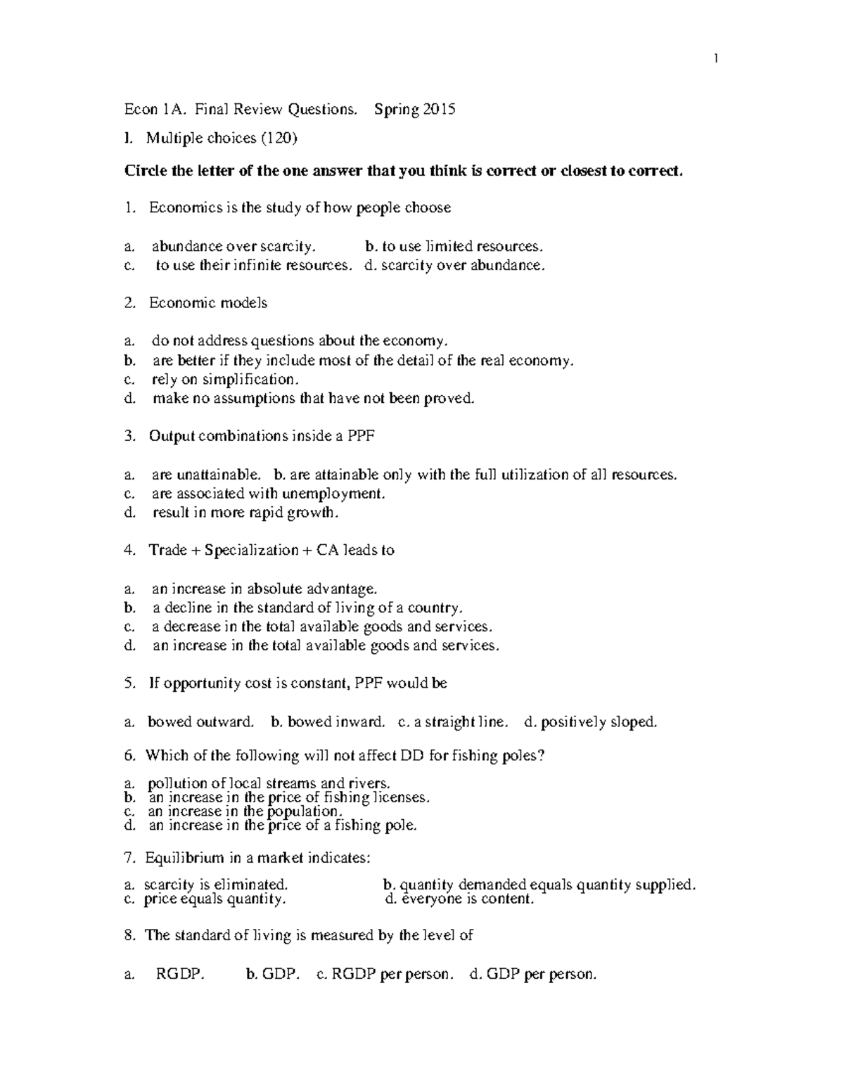 ECON 001A Final Exam Review Questions & Key Concepts for Spring 2015 ...
