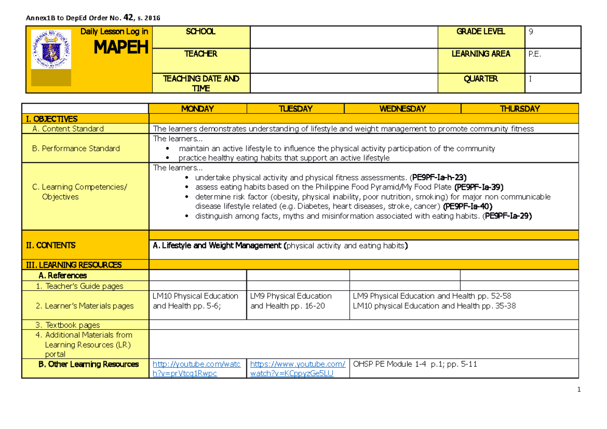Grade 9 PE Q1 Week 1 Daily Lesson Log - Lifestyle & Fitness Management ...