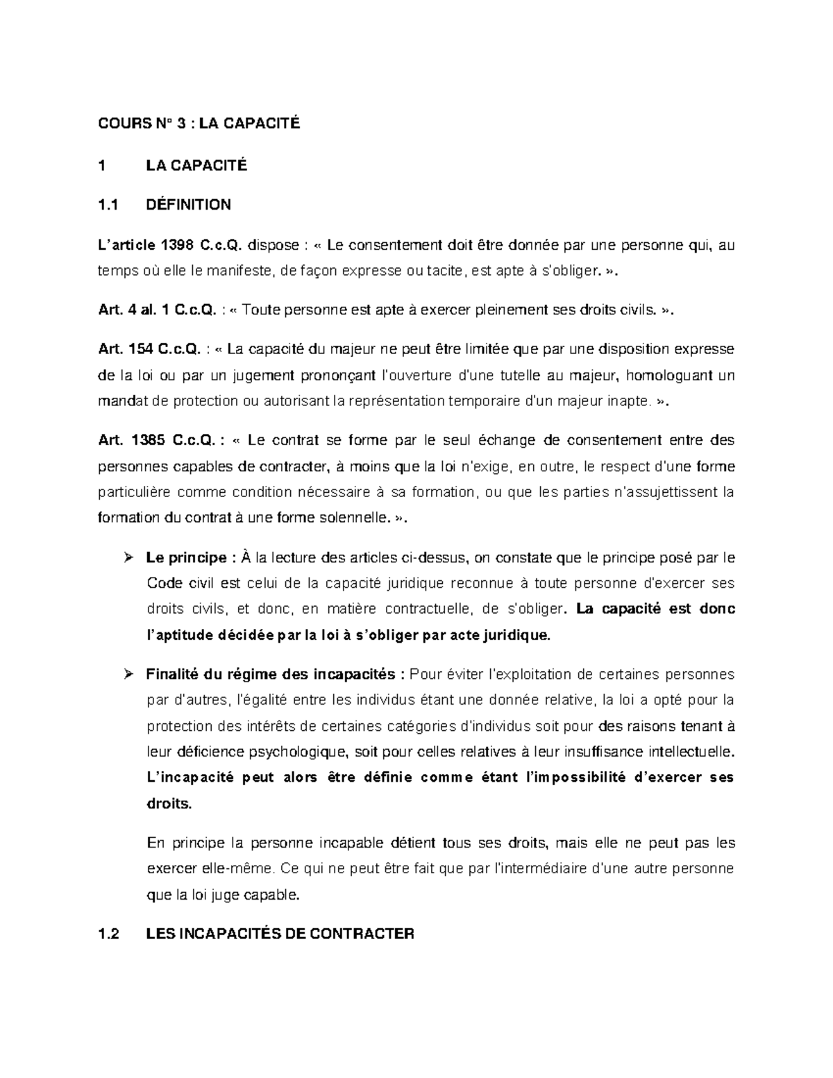 Cours 3 : La Capacité Juridique et les Incapacités de Contracter - Studocu