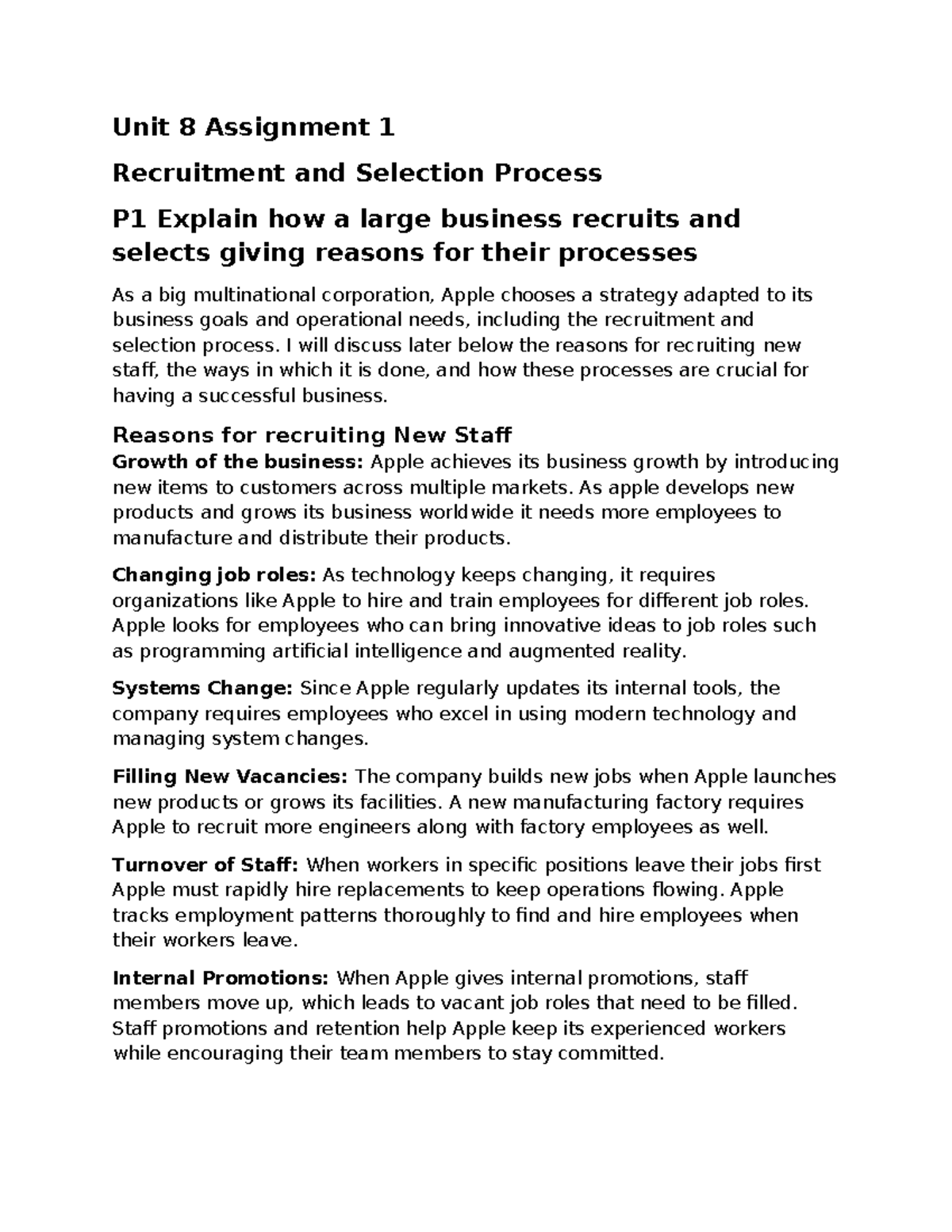 Unit 8 Assignment 1 - Recruitment & Selection at Apple - Studocu